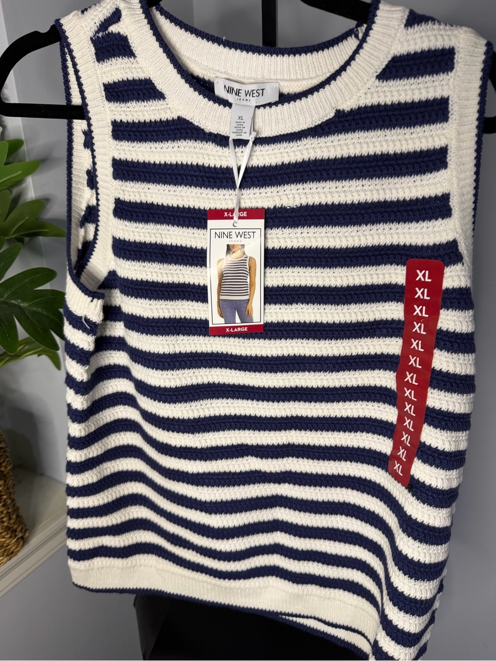 Nine West Navy & Cream Striped Knit Sleeveless Sweater